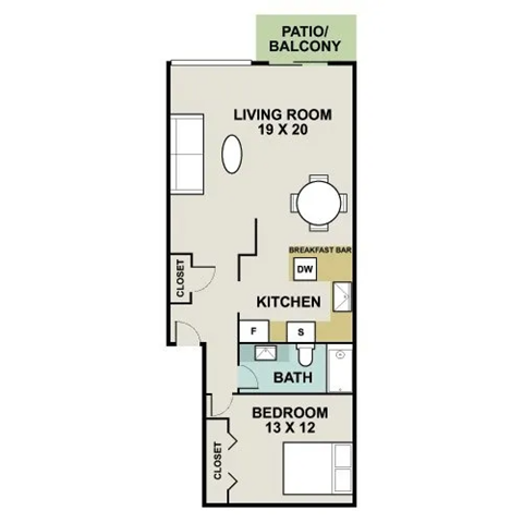 Floor plan for 1 bed, 1 bath, 1000 sqft